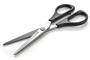 Pair of Stainless Steel Scissors with Black Plastic Handle on White Background