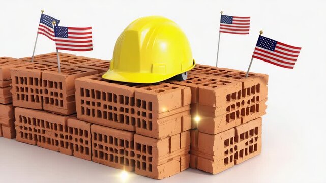 Stack of construction bricks with mini USA flags sticking out, yellow hard hat resting on top, symbolizing Labor Day, isolated on white.