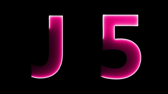 Glowing neon letter J 5 , glowing neon font,J 5 alphabet symbol . Seamless looping alphabet animation on black background.