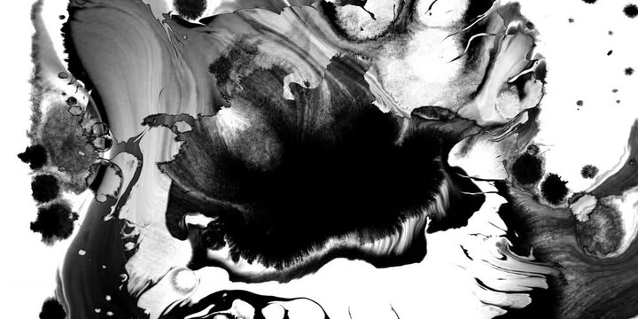 Abstract ink splatter transition in black and white seamless loop. Turbulent painting blot spreading from the center in this contemporary reveal 3D animation.