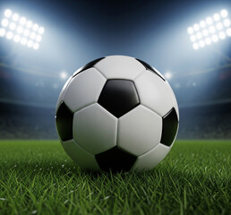 Fototapeta premium Vibrant soccer ball resting on lush green grass under stadium lights, ready for championship match, perfect for sports marketing and branding projects