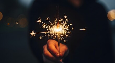 Hand holding burning Sparkler blast on a black bokeh background at night,holiday celebration event party,dark vintage tone