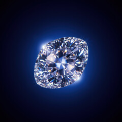 Sparkling round cut diamond shines brilliantly with intricate facets reflecting light against dark blue background, showcasing luxury and elegance in close up view