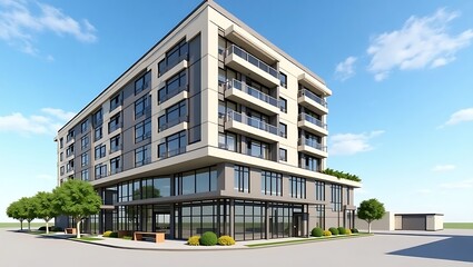Obraz premium Modern Apartment Building Exterior with Balconies and Street Level Retail Space Under a Sunny Blue Sky Architecture Design