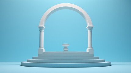 Historic Greek or Roman architecture featuring a white marble arch, with a colonnade and ancient stone columns, set against a blue sky