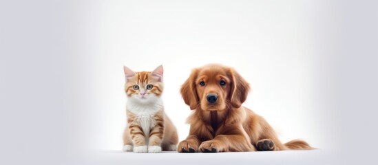 A group of funny purebred puppies and a kitten together on a white background