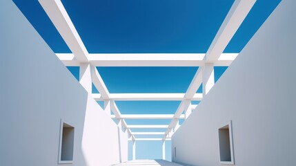 Modern architectural building detail featuring a blue glass and steel facade with a staircase under a clear urban sky
