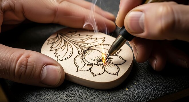 Close-up of an artisan's hands creating a detailed floral design on wood using a pyrography pen, with smoke rising from the burning process.