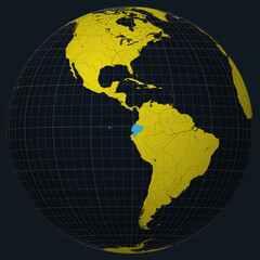Ecuador on Globe. Country view on the world map in Charcoal Bright Yellow color palette. Ecuador shape on map. Globe with meridians, parallels, countries, rivers and lakes.