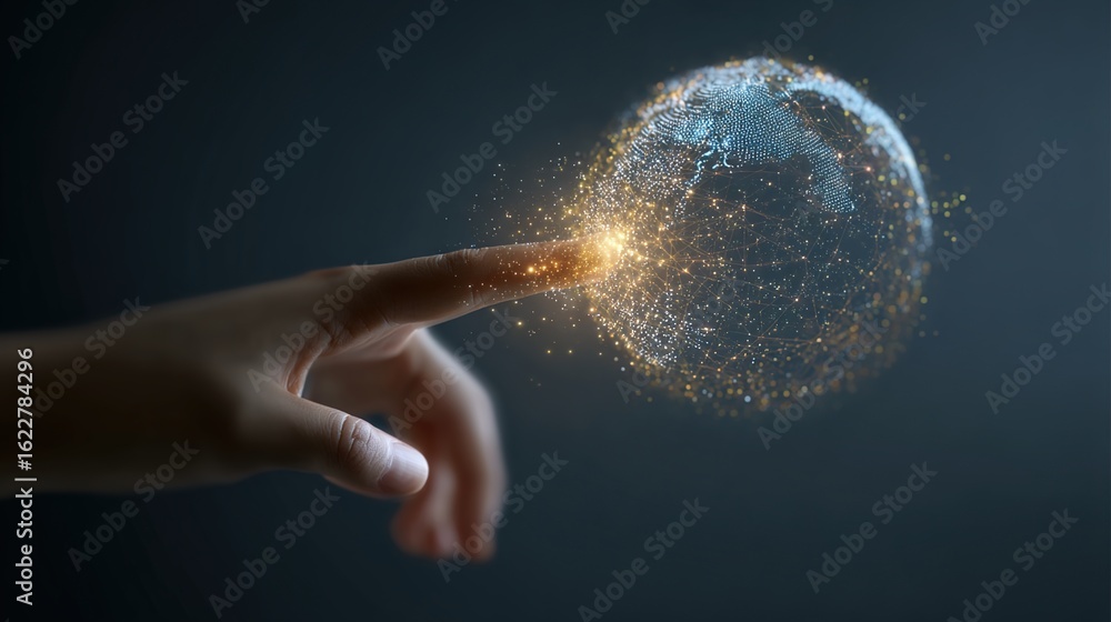 Poster connecting world: a close-up shot of a hand gently touches a glowing sphere formed from a network of