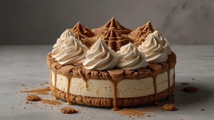 A delectable cake with caramel drizzle and whipped cream topping on a marble surface background