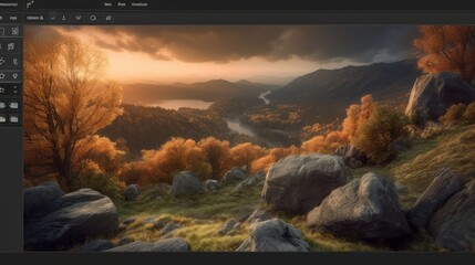 Dramatic sunset over mountains and a shimmering lake with orange and blue clouds reflecting on the water