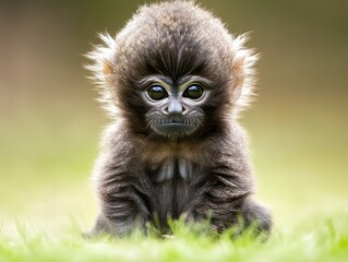 Fototapeta premium Adorable Baby Monkey in Green Grass Closeup Photo