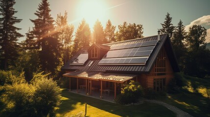 Rural old stone cottage with a wooden roof surrounded by trees and grass at sunset