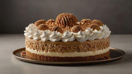 A delectable chocolate cake with white frosting and decorative toppings on a silver serving platter