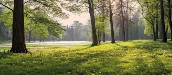 Beautiful spring morning in a green forest with sunbeams on a path