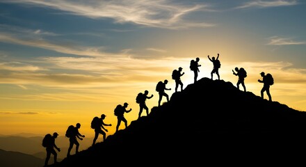 Group of people on peak mountain climbing helping team work , travel trekking success business concept