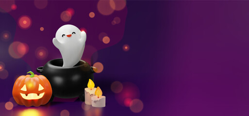 A cute 3D Halloween banner featuring a smiling ghost emerging from a black cauldron, glowing jack-o-lantern, candles. Halloween flyers, social media posts, and seasonal design projects.