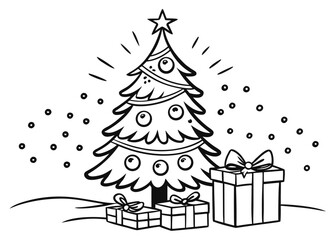 Black and White Line Drawing of a Decorated Christmas Tree with Gifts presents holiday