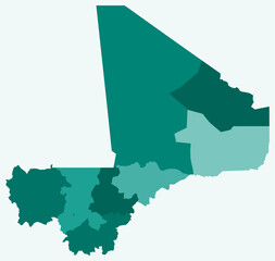 Map of Mali with regions. Just a simple country border map with region division. Teal color palette. Plain Mali shape with administrative division. Vector illustration.