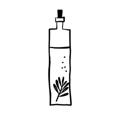 Bottle with oil and plant sketch on isolated background. Hand drawn herbal extract, alternative medicine, aromatherapy, olive oil. Design element for logotype, card, label. Vector illustration