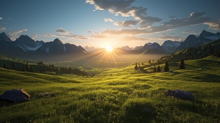 Vibrant sunset and sunrise views over a majestic mountain landscape, with clouds and lush green forests creating a stunning panoramic view