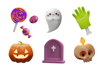 Cute 3D Halloween element set featuring a jack-o-lantern, ghost, zombie hand, gravestone, skull candle, colorful candies. Spooky party invitations, festive banners, stickers, holiday design projects.