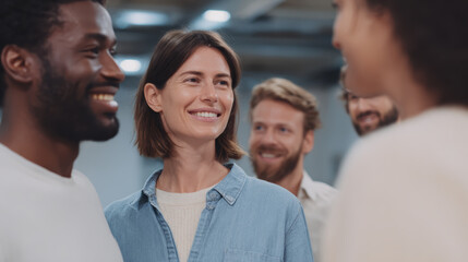 Obraz premium Smiling diverse group of people having friendly conversation