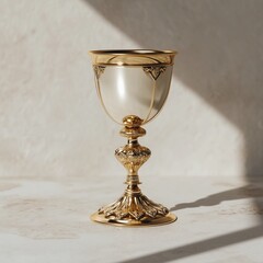 Elegant gold Kiddush chalice with intricate design, symbol of luxury and refinement with a soft warm glow on the surface