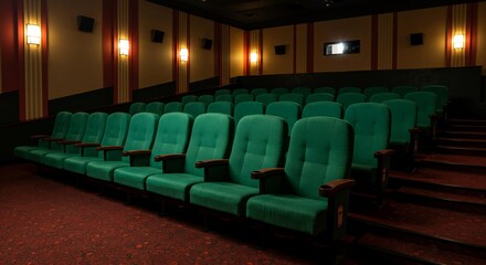 Naklejka premium Retro Cinema Auditorium with Green Seats and Classic Design Elements