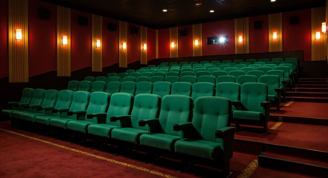 Cinema Interior Rows of Green Seats and Red Carpet Empty Theater - Powered by Adobe