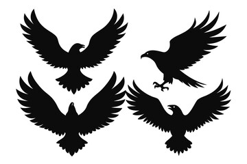 Obraz premium Four Black Eagle Silhouettes in Flight Pictured Against a Clean White Background
