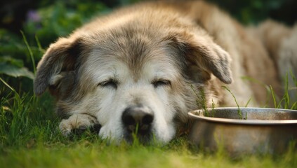 A peaceful, senior canine rests contentedly in lush green grass next to a metal bowl, enjoying a moment of tranquility.