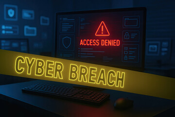 Cyber crime security threats concept with access denied warning on computer screen and cyber breach alert in dark office environment