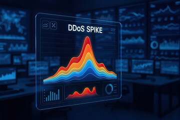 DDoS spike graph on futuristic transparent screen in dark room showing cyber security threats and crime data analysis for network protection and cyber crime prevention