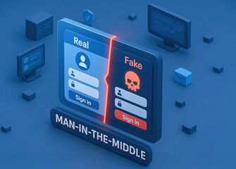 Man in middle cyber attack concept showing real and fake login screens highlighting security threats and crime risks in digital communication and data protection