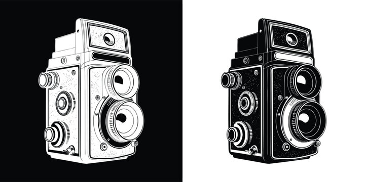 Vintage twin lens reflex camera, a classic photographic equipment for retro photography enthusiasts, captured in a detailed illustration