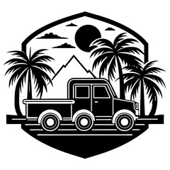 Vintage Pickup Truck Palm Tree Mountain Landscape Emblem.