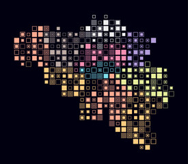 Belgium, shape of the country build of colored cells. Digital style map of the Belgium on dark background. Large size square blocks. Plain vector illustration.