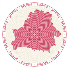 Belarus round logo design. Country shape build of rings. Belarus text around the country. Vector Illustration.