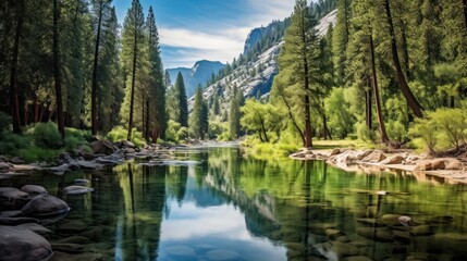 Yosemite National Park scenic landscape with a beautiful mountain lake and reflection