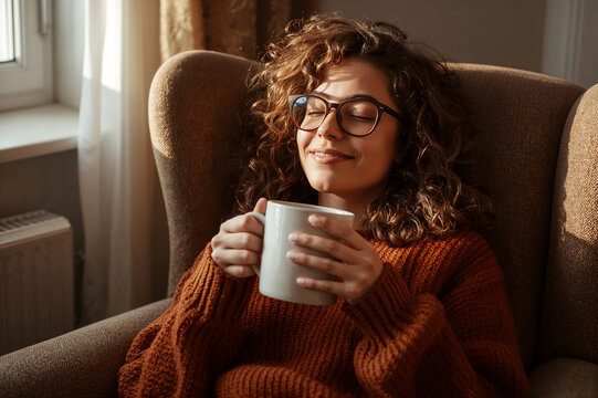 Content young woman enjoying a cozy hygge moment with a warm drink.