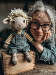 Woman with handmade lamb toy on wooden box