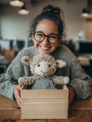 Smiling girl with glasses holding a sheep toy