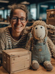 Woman smiling with a stuffed lamb toy
