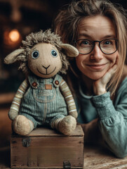 Woman with handmade sheep toy on wooden box