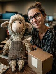Woman with glasses and a knitted sheep toy