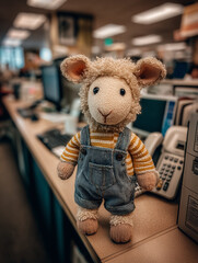 Cute lamb toy in denim overalls on desk