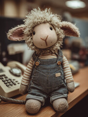 Cute sheep toy in overalls on a desk