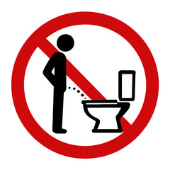 A stick figure is prohibited from urinating into a toilet by a red cross-out sign.